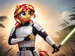 Size: 2048x1536 | Tagged: safe, ai content, derpibooru import, generator:pony diffusion v6 xl, generator:stable diffusion, machine learning generated, sunset shimmer, anthro, g4, armor, forest, frown, jungle, lightsaber, nature, prompter:demose, star wars, stormtrooper, tree, weapon, worried