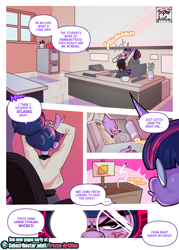 Size: 2000x2800 | Tagged: safe, artist:frozenartifice, derpibooru import, twilight sparkle, unicorn twilight, anthro, fly, insect, unicorn, comic:princess celestia with a dick!, alternate hairstyle, arm behind head, breasts, classroom, comic, dialogue, female, glasses, hair bun, headlight sparkle, high res, mare, round glasses, solo, stretching, vial