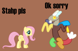Size: 688x449 | Tagged: safe, artist:greentl, discord, fluttershy, draconequus, pegasus, pony, brown background, duo, female, fluttershy navigate, game screencap, male, mare, simple background