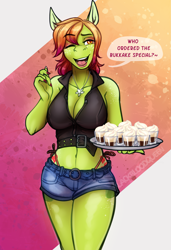 Size: 2153x3150 | Tagged: safe, artist:blackblood-queen, oc, oc only, oc:margarite mix, anthro, earth pony, unguligrade anthro, alcohol, anthro oc, breasts, busty oc, clothes, commission, cup, denim, denim shorts, dialogue, digital art, drink, earth pony oc, eyeshadow, female, glass, innuendo, jewelry, makeup, mare, necklace, one eye closed, shorts, smiling, solo, speech bubble, tanktop