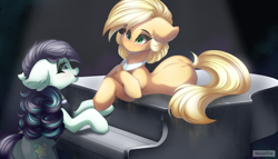 Size: 7000x4000 | Tagged: safe, artist:natanvok, derpibooru import, applejack, coloratura, earth pony, pony, g4, absurd resolution, alternate hairstyle, duo, duo female, ear fluff, ears, female, looking at someone, lying down, mare, musical instrument, open mouth, open smile, piano, prone, smiling, tail