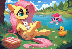 Size: 1216x832 | Tagged: safe, ai content, derpibooru import, machine learning generated, angel bunny, fluttershy, pinkie pie, earth pony, pegasus, pony, rabbit, g4, animal, anonymous prompter, basket, cloud, colorful, cute, duckling, duo, female, flower, generator needed, grass, happy, holding, holding a bunny, lake, mare, open mouth, open smile, partially submerged, picnic basket, shore, sitting, sky, smiling, sunny day, swimming, tree, underhoof, water