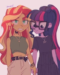 Size: 1440x1800 | Tagged: safe, artist:dreamz, derpibooru import, sci-twi, sunset shimmer, twilight sparkle, human, equestria girls, g4, belt, blushing, bracelet, choker, duo, duo female, ear piercing, earring, eye clipping through hair, female, glasses, holding hands, jewelry, lesbian, lidded eyes, midriff, necklace, piercing, ponytail, sci-twishimmer, shipping, signature, simple background, smiling, sunsetsparkle, white background