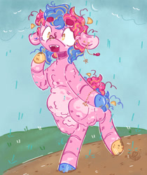 Size: 1280x1523 | Tagged: safe, artist:tottallytoby, derpibooru import, pinkie pie, earth pony, pony, semi-anthro, g4, alternate color palette, alternate design, alternate eye color, alternate hair color, alternate hairstyle, alternate tail color, alternate tailstyle, belly fluff, big ears, bracelet, chest fluff, chubby, cloud, colored belly, colored eartips, colored eyebrows, colored eyelashes, colored hooves, curly hair, curly mane, curly tail, dirt road, ear piercing, earring, ears, eyebrows, eyebrows visible through hair, facial markings, fangs, female, floppy ears, fupa, golden eyes, grass, hooves, human shoulders, jewelry, leg fluff, mare, mud, muddy hooves, multicolored hooves, neck fluff, open mouth, outdoors, pale belly, piercing, pink coat, pubic fluff, rain, raised hoof, raised leg, shiny hooves, short mane, short tail, shoulder fluff, shrunken pupils, solo, splotches, tail, thick eyebrows, two toned mane, two toned tail, walking, wall of tags, wide eyes, wingding eyes