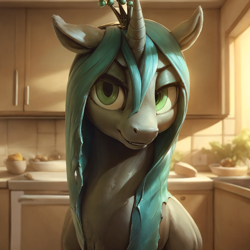 Size: 2048x2048 | Tagged: safe, ai content, derpibooru import, machine learning generated, queen chrysalis, changeling, changeling queen, pony, g4, female, happy, kitchen, looking at you, prompter:jasedward, smiling, smiling at you, solo