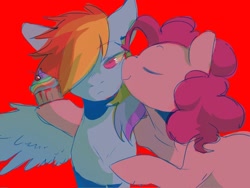 Size: 2048x1536 | Tagged: safe, artist:piesinful, derpibooru import, pinkie pie, rainbow dash, earth pony, pegasus, pony, fanfic:cupcakes, g4, blood, cupcake, duo, female, food, kiss on the cheek, kissing, mare, needs more saturation, rainbow cupcake, red background, simple background, spread wings, wings