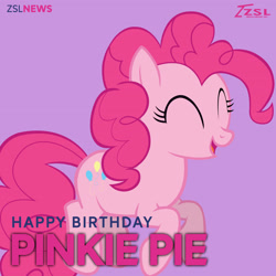 Size: 2160x2160 | Tagged: safe, artist:zslnews, derpibooru import, pinkie pie, earth pony, pony, g4, ^^, eyes closed, female, happy birthday, mare, open mouth, purple background, simple background, solo