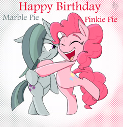 Size: 1830x1894 | Tagged: safe, artist:a.s.e, derpibooru import, marble pie, pinkie pie, earth pony, pony, semi-anthro, g4, duo, duo female, female, happy, happy birthday, hug, siblings, sisters, together