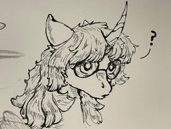 Size: 2048x1536 | Tagged: safe, artist:asheslulamoon, derpibooru import, oc, oc only, pony, unicorn, bust, cheek fluff, curved horn, female, glasses, grayscale, horn, mare, monochrome, question mark, solo, traditional art