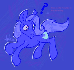 Size: 1598x1500 | Tagged: safe, artist:asheslulamoon, derpibooru import, trixie, pony, unicorn, g4, abstract background, female, horn, mare, offscreen character, question mark, solo, text