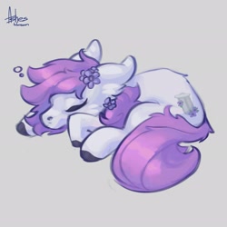 Size: 2048x2048 | Tagged: safe, artist:asheslulamoon, derpibooru import, oc, oc only, earth pony, pony, commission, curled up, female, flower, flower in hair, gray background, lying down, mare, prone, simple background, sleeping, ych result