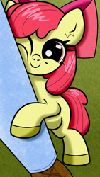 Size: 1080x1920 | Tagged: safe, artist:scandianon, derpibooru import, apple bloom, earth pony, pony, g4, female, filly, foal, happy, hug, one eye closed, smiling