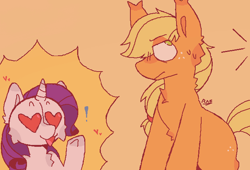 Size: 677x461 | Tagged: safe, artist:b4rkzal0t, derpibooru import, applejack, rarity, earth pony, pony, unicorn, g4, cheek fluff, chest fluff, duo, ear fluff, ears, exclamation point, female, freckles, heart, heart eyes, horn, lesbian, orange background, rarijack, shipping, simple background, sweat, tongue, tongue out, wingding eyes