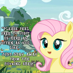 Size: 1986x1986 | Tagged: safe, derpibooru import, edit, edited screencap, screencap, fluttershy, beaver, pegasus, pony, raccoon, fluttershy leans in, g4, .mov, censored, censored vulgarity, cloud, cute, digital art, female, flower, grass, happy, highlights, looking at you, meme, morning, open mouth, shading, shed.mov, shyabetes, sky, solo, sweet feather sanctuary, talking, talking to viewer, text, water, waterfall