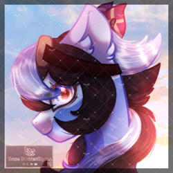 Size: 1000x1000 | Tagged: safe, artist:rosebutterfly014, derpibooru import, night glider, oc, oc only, pegasus, pony, g4, accessory, amber (genshin impact), blue body, brown mane, cloud, female, fusion, genshin impact, goggles, instagram, looking at you, mlp×genshin, pegasus oc, red bow, side view, sky background, smiling, smiling at you, solo, sunlight, white mane