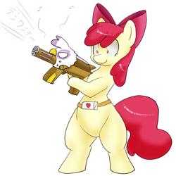 Size: 1000x1000 | Tagged: safe, artist:kushina13, derpibooru import, apple bloom, gilda, earth pony, pony, g4, belt, bipedal, female, filly, foal, gun, gunified, hoof hold, inanimate tf, simple background, solo, transformation, translation request, weapon, white background