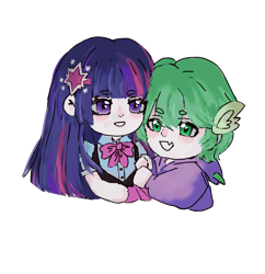 Size: 2654x2742 | Tagged: safe, artist:mianwith6k, derpibooru import, spike, twilight sparkle, human, g4, cute, duo, duo female, female, green hair, human spike, humanized, purple hair, simple background, smiling, transparent background