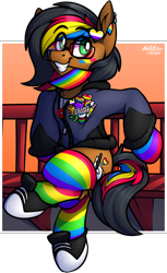 Size: 1000x1637 | Tagged: safe, artist:notetaker, derpibooru import, oc, oc only, oc:notetaker, earth pony, pony, abstract background, bench, clothes, converse, ear piercing, fake cutie mark, glasses, hair dye, hoodie, nonbinary, pansexual pride flag, pentagram, piercing, pins, pride, pride flag, pride socks, rainbow socks, shoes, socks, solo, striped socks, trans rights, transgender pride flag
