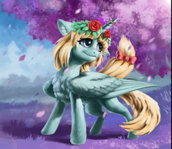 Size: 2302x1986 | Tagged: artist needed, safe, derpibooru import, oc, oc only, oc:leek, alicorn, bow, chest fluff, ear fluff, ears, female, floral head wreath, flower, flower in hair, fluffy, folded wings, hair bow, horn, horn ring, mare, ring, solo, wings