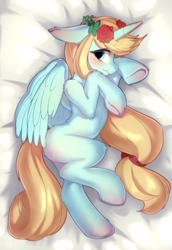 Size: 1418x2063 | Tagged: safe, artist:silver fox, derpibooru import, oc, oc only, oc:leek, alicorn, pony, alicorn oc, bed, bedsheets, blushing, bow, ears, female, floppy ears, floral head wreath, flower, flower in hair, fluffy, hair bow, horn, looking at you, lying down, mare, on bed, on side, solo, underhoof, wings