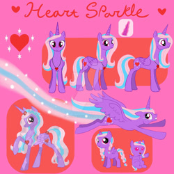 Size: 894x894 | Tagged: safe, artist:moondeer1616, derpibooru import, oc, oc only, oc:heart sparkle, alicorn, crystal pony, crystallized, deviantart watermark, female, filly, flight trail, flying, foal, glowing, glowing horn, heart necklace, horn, jewelry, mare, necklace, obtrusive watermark, pink background, reference sheet, simple background, watermark