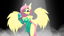 Size: 1280x720 | Tagged: safe, artist:lil miss jay, derpibooru import, fluttershy, anthro, pegasus, g4, breasts, choker, clothes, cocktail dress, evening gloves, eyeshadow, gloves, green dress, hips, hootershy, lipstick, long gloves, makeup, microphone, music video, side slit, wings