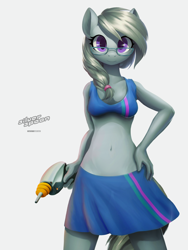Size: 2400x3200 | Tagged: safe, artist:darkdoomer, derpibooru import, silver spoon, anthro, earth pony, g4, apron, belly button, bikini, bikini top, blue swimsuit, braid, breasts, clothes, digital art, energy weapon, female, glasses, hand on hip, handgun, laser pistol, looking at you, mare, older, older silver spoon, reasonably sized breasts, simple background, skirt, small breasts, swimsuit, white background