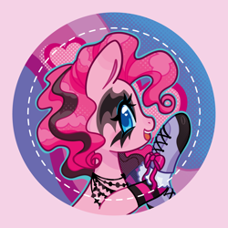 Size: 2084x2084 | Tagged: safe, derpibooru import, pinkie pie, earth pony, pony, g4, badge, boots, clothes, collar, dyed mane, emo, eyeshadow, goth, gothic, halftone, jewelry, looking at you, makeup, ponymania, shoes, simple background, solo, stockings, thigh highs