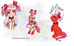 Size: 1000x625 | Tagged: safe, artist:laura8397, derpibooru import, earth pony, human, incubator (species), pony, anime, arm hooves, bow, female, human female, human to pony, kyubey, madoka kaname, magical girl, ponified, puella magi madoka magica, sitting on person, sitting on pony, species swap, transformation, transformation sequence