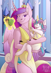 Size: 1611x2287 | Tagged: safe, artist:grumpygriffcreation, derpibooru import, princess cadance, princess flurry heart, whammy, alicorn, anthro, unguligrade anthro, g4, clothes, crown, curved horn, cute, dress, female, flurrybetes, glowing, glowing horn, happy, horn, jewelry, mother and child, mother and daughter, open mouth, open smile, parent and child, regalia, side slit, smiling, toy