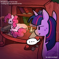Size: 1080x1080 | Tagged: safe, artist:koidial, derpibooru import, pinkie pie, twilight sparkle, twilight sparkle (alicorn), alicorn, earth pony, pony, g4, ..., arrow, behaving like a cat, book, candle, duo, duo female, female, golden oaks library, horn, lesbian, lying down, mare, paper, ponyloaf, prone, quill, shipping, sweat, text, twinkie