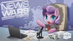 Size: 1600x900 | Tagged: safe, artist:darkdoomer, derpibooru import, diamond tiara, oc, oc:anon filly, earth pony, pony, >:d, alex jones, chair, clothes, colored pupils, computer, conspiracy theory, female, filly, foal, frown, infowars, laptop computer, looking at you, meme, microphone, mug, necktie, news anchor, nwo, office chair, open mouth, paper, pointing, ponified, shirt, sitting, solo, species swap, television logo