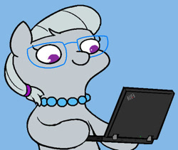 Size: 555x469 | Tagged: safe, artist:darkdoomer, derpibooru import, silver spoon, earth pony, pony, g4, blue background, computer, cute, female, filly, foal, glasses, half body, hoof hold, jewelry, laptop computer, meme, necklace, no pupils, silverbetes, simple background, solo, thinkpad