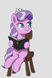 Size: 1600x2400 | Tagged: safe, artist:darkdoomer, artist:rainbow_q20, derpibooru import, edit, diamond tiara, earth pony, pony, g4, bible, book, chair, colored pupils, cute, diamondbetes, female, filly, foal, gray background, hoof hold, looking to side, looking to the left, simple background, sitting, smiling, solo, tail, two toned mane, two toned tail, vector, vector trace