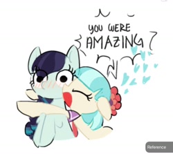 Size: 1438x1280 | Tagged: safe, artist:appledash3r_, derpibooru import, coco pommel, coloratura, earth pony, pony, g4, blue coat, blue mane, blushing, bobcut, braid, braided ponytail, bust, cocobetes, cream coat, cute, dialogue, duo, duo female, eyelashes, eyes closed, female, floating heart, flower, flower in hair, heart, hug, lesbian, long mane, mare, no catchlights, open mouth, ponytail, profile, raised hooves, rara, rarabetes, requested art, ship:cocotura, shipping, short hair, short mane, simple background, speech bubble, talking, text, tied mane, two toned mane, white background, wide eyes, yelling