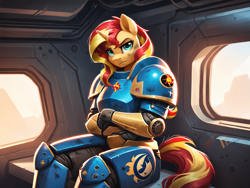 Size: 2048x1536 | Tagged: safe, ai content, derpibooru import, generator:pony diffusion v6 xl, generator:stable diffusion, machine learning generated, sunset shimmer, anthro, g4, angry, armor, crossed arms, dirty, looking at you, power armor, prompter:demose, scowl, sitting, space marine, vehicle, warhammer (game), warhammer 40k