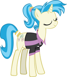 Size: 900x1037 | Tagged: safe, artist:chir-miru, derpibooru import, allie way, pony, unicorn, g4, clothes, eyes closed, female, horn, mare, polo shirt, ponytail, simple background, solo, transparent background, vector