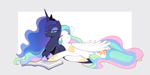 Size: 1600x800 | Tagged: safe, artist:megarock, derpibooru import, princess celestia, princess luna, alicorn, pony, g4, abstract background, book, crown, duo, ethereal mane, ethereal tail, eyes closed, female, hoof shoes, jewelry, luna is not amused, lying on top of someone, mare, open mouth, passepartout, pouting, regalia, royal sisters, siblings, simple background, sisters, sleeping, snot bubble, starry mane, tail, unamused, white background