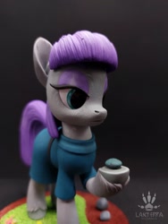 Size: 1620x2160 | Tagged: safe, alternate version, artist:lakterra, derpibooru import, maud pie, earth pony, pony, g4, alternate angle, boulder (g4), close-up, clothes, craft, duo, female, figurine, frock coat, grass, hoof hold, irl, lidded eyes, mare, photo, polymer clay, raised hoof, raised leg, rock, signature, stand, tail, three quarter view, unshorn fetlocks