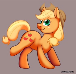 Size: 2048x2007 | Tagged: safe, artist:asinglepetal, derpibooru import, applejack, earth pony, pony, g4, applejack's hat, beige background, clothes, cowboy hat, female, freckles, hat, mare, raised leg, signature, simple background, smiling, solo, sticker design, tail