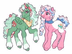 Size: 2048x1539 | Tagged: safe, artist:cocopudu, derpibooru import, oc, oc only, oc:morning glory, oc:seasalt spray, pegasus, pony, unicorn, g2, bandana, blaze (coat marking), blue bow, blue eyes, body freckles, bow, braid, braided ponytail, coat markings, colored, colored hooves, colored horn, commission, couple, curly hair, curly mane, curly tail, duo, duo female, eyebrows, eyebrows visible through hair, eyelashes, facial markings, female, flat colors, folded wings, freckles, green coat, horn, lesbian, long legs, long mane, long tail, looking at each other, looking at someone, mare, multicolored mane, multicolored tail, neckerchief, oc x oc, open mouth, open smile, pegasus oc, pink coat, pink eyes, ponytail, profile, raised hooves, shipping, signature, simple background, small wings, smiling, smiling at each other, socks (coat marking), standing, starry eyes, style emulation, tail, tail bow, tied mane, tied tail, unicorn horn, unicorn oc, unshorn fetlocks, wall of tags, watermark, white background, wing fluff, wing freckles, wingding eyes, wings