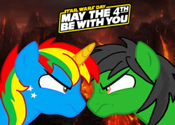 Size: 828x591 | Tagged: safe, artist:shieldwingarmorofgod, derpibooru import, oc, oc only, oc:shield wing, oc:star armour, alicorn, pegasus, male, may the fourth be with you, star wars