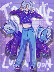 Size: 1620x2160 | Tagged: safe, artist:aliennella, derpibooru import, trixie, human, pony, unicorn, g4, alternate hairstyle, babysitter trixie, belly button, clothes, cute, diatrixes, eyeshadow, female, gameloft, hoodie, horn, human ponidox, humanized, makeup, mare, midriff, my little pony: magic princess, nail polish, one eye closed, open mouth, pajamas, pants, self paradox, self ponidox, shoes, sneakers, sweatpants, unshorn fetlocks, wink