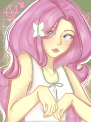 Size: 1620x2160 | Tagged: safe, artist:aliennella, derpibooru import, fluttershy, equestria girls, g4, blushing, clothes, cute, female, lipstick, makeup, shyabetes, solo, tanktop