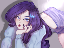 Size: 2160x1620 | Tagged: safe, artist:aliennella, derpibooru import, rarity, human, equestria girls, g4, adult, adult female, alternate hairstyle, beautiful, bedroom eyes, clothes, cute, eyeshadow, female, hair accessory, hairpin, humanized, korean, light skin, lipstick, long sleeved shirt, long sleeves, makeup, midriff, nail polish, photo shoot, purple hair, raribetes, sexy, shirt, skirt, solo, solo female, woman, young
