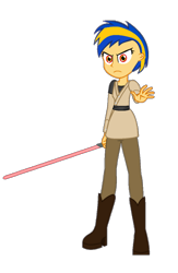 Size: 654x1005 | Tagged: safe, artist:mlpfan3991, derpibooru import, oc, oc:flare spark, human, equestria girls, g4, female, jedi, lightsaber, may the fourth be with you, simple background, star wars, transparent background, weapon
