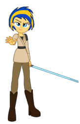 Size: 654x1005 | Tagged: safe, artist:mlpfan3991, derpibooru import, oc, oc only, oc:flare spark, human, equestria girls, g4, female, jedi, lightsaber, may the fourth be with you, simple background, smiling, solo, star wars, transparent background, weapon