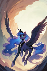 Size: 768x1152 | Tagged: safe, ai content, derpibooru import, edit, machine learning generated, princess luna, alicorn, pony, g4, cloud, female, flying, lidded eyes, looking at you, mare, prompter:saberclaw1x, solo, spread wings, wings