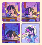 Size: 2702x2885 | Tagged: safe, artist:千雲九枭, derpibooru import, twilight sparkle, twilight sparkle (alicorn), alicorn, pony, g4, ..., bathrobe, bed mane, book, chinese, clothes, comic, cute, drool, ears, eyes closed, female, floppy ears, hoof on chin, horn, mare, messy mane, one eye closed, onomatopoeia, question mark, reading, robe, signature, sleeping, sleepy, solo, sound effects, speech bubble, stain, tired, twiabetes, wings, zzz