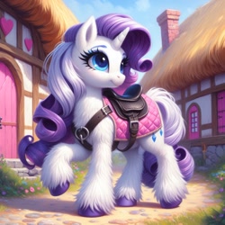 Size: 1024x1024 | Tagged: safe, ai content, machine learning generated, rarity, pony, unicorn, alternate hairstyle, bing, female, fluffy, mare, ponyville, saddle, solo, tack, unshorn fetlocks